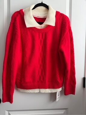 Cider Red Cable-Knit Sweater with Cream Collar